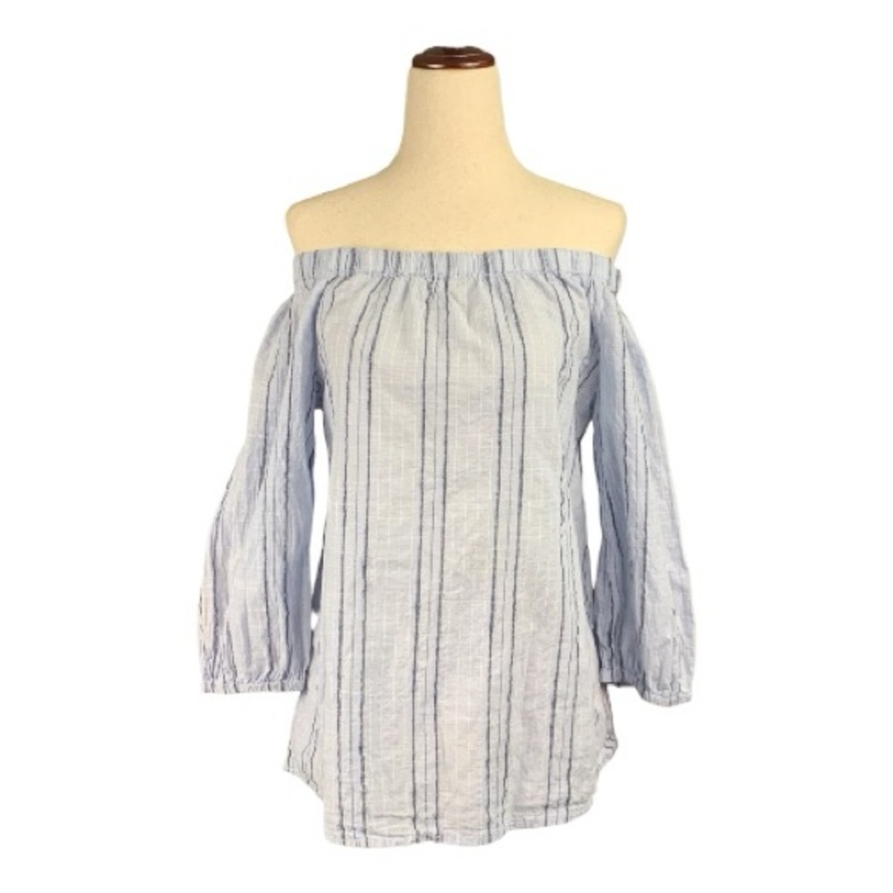 H & M LOGG Off The Shoulder Blue Striped Top‎ Tunic Peasant Style Cottage Size 4